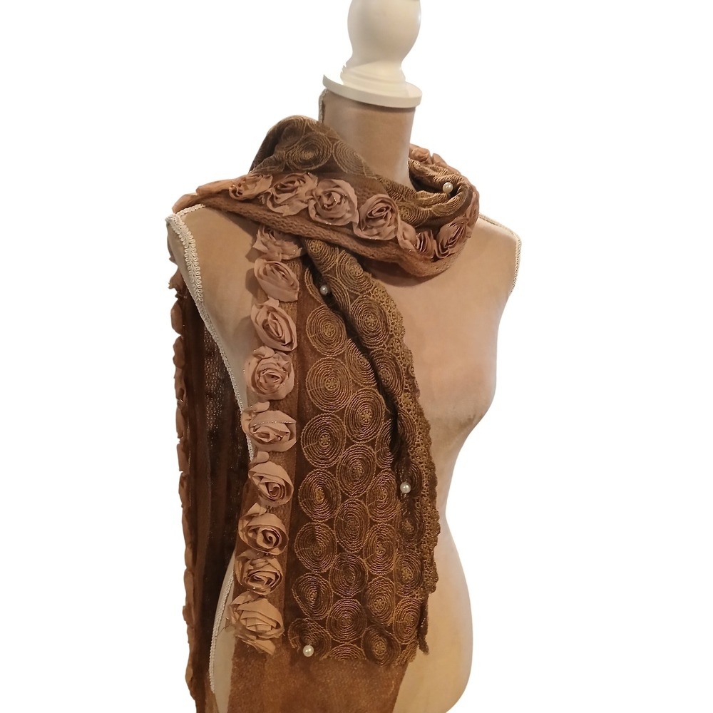 Brown Mesh Rosette Scarf Faux Pearl Accents Floral Lightweight Wrap  Shabby Chic